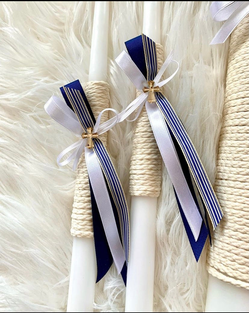 Navy Striped and Off-White Cord 2 small candles