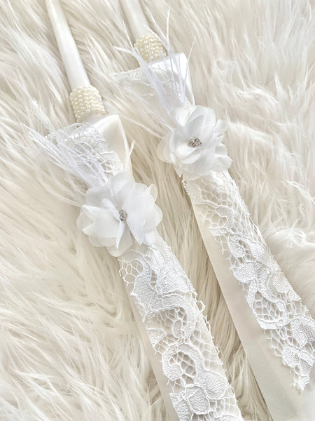 Off-White French Lace Pearl and Diamond 2 small candles