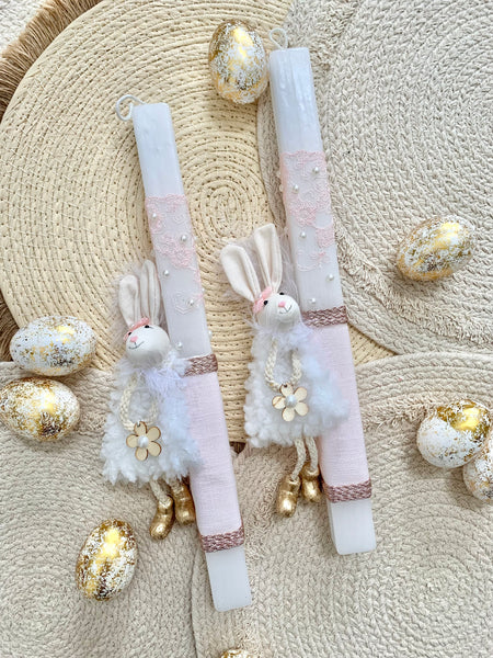 Pink and White Pearl Bunny Easter Candle.