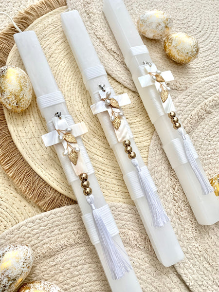 White Shell Cross Vine Easter Candle