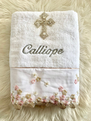 Crystal Cross Embroidered Champagne de Fleurs Bath Towel