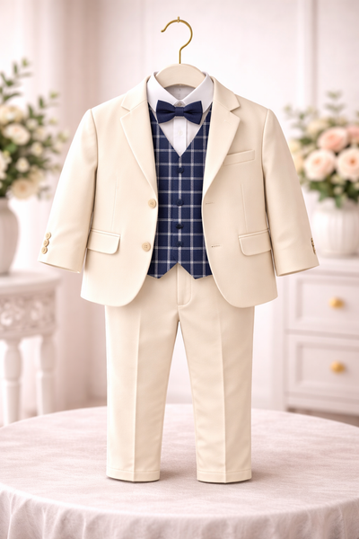 Natural and Navy 5 piece Baptismal Suit