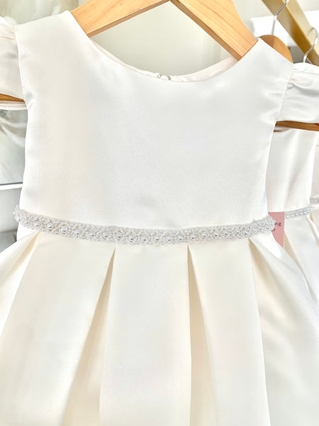 Off - White Pearl Belt Cap Sleeve Baptismal Dress