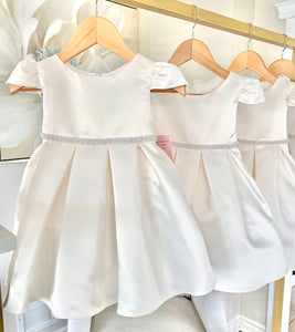 Off - White Pearl Belt Cap Sleeve Baptismal Dress