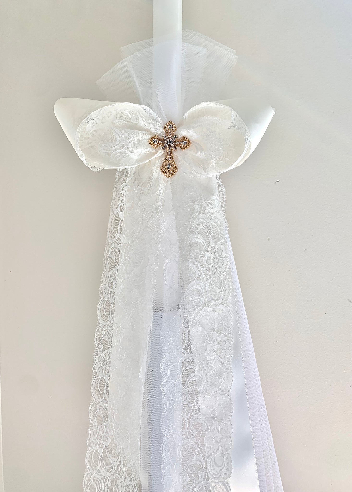 Ivory and White Lace Gold Crystal Cross 3 ft Lambatha
