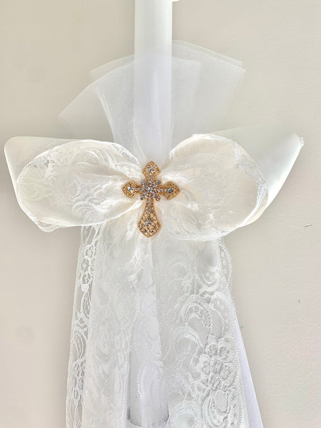 Ivory and White Lace Gold Crystal Cross 3 ft Lambatha