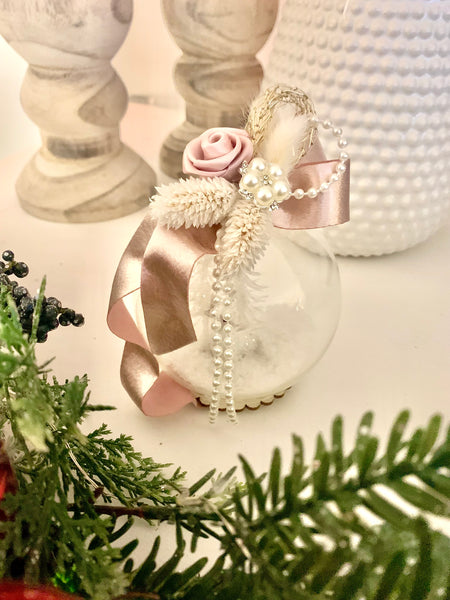 Rose Gold Boho Pearl Personalized Christmas Globe Light up Ornament