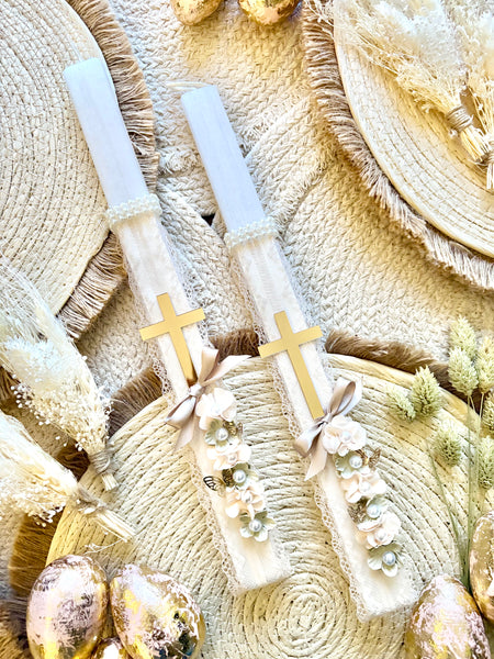 Floral Ivory Lace Cross Easter Candle