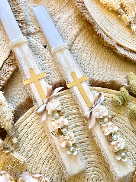 Floral Ivory Lace Cross Easter Candle