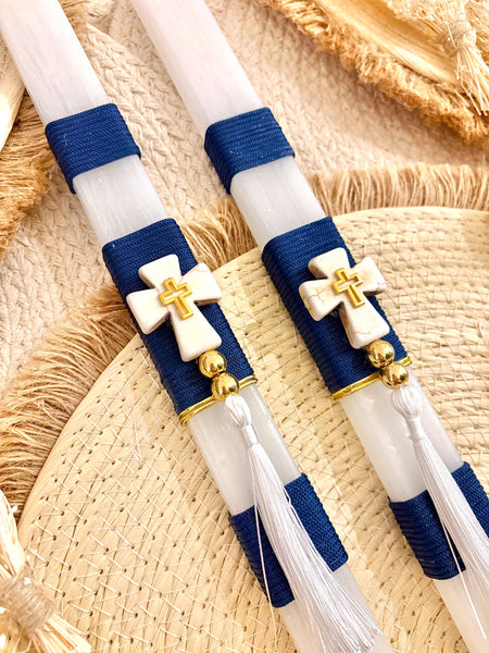 Navy Stone Gold Cross Easter Candle