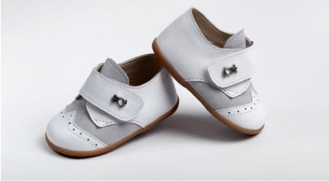 White and Taupe Velcro Saddle Leather Walking Shoe