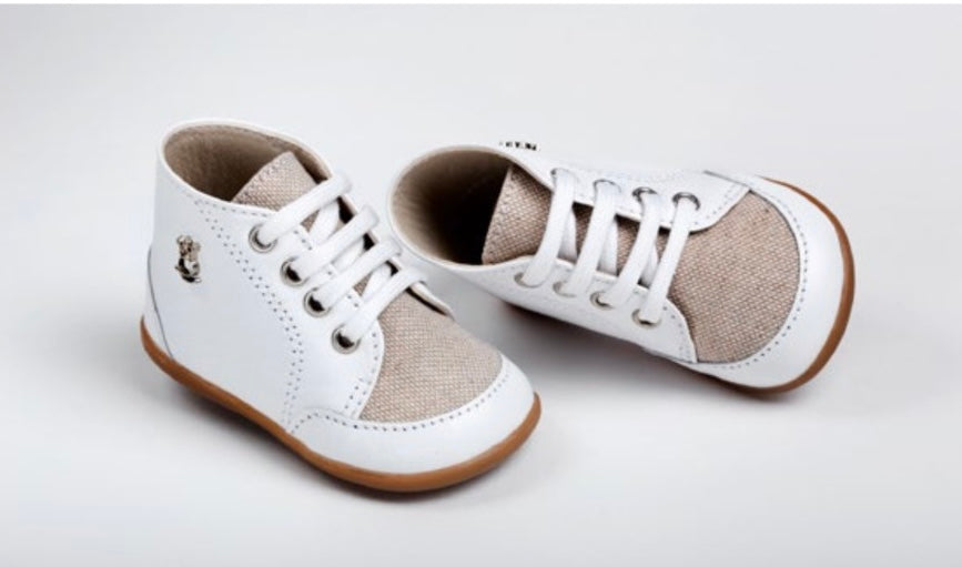 White and Beige High Top Leather Walking Shoe