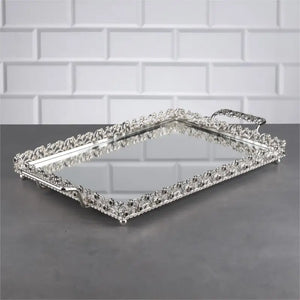 Silver Rectangular Jeweled Mirror Tray