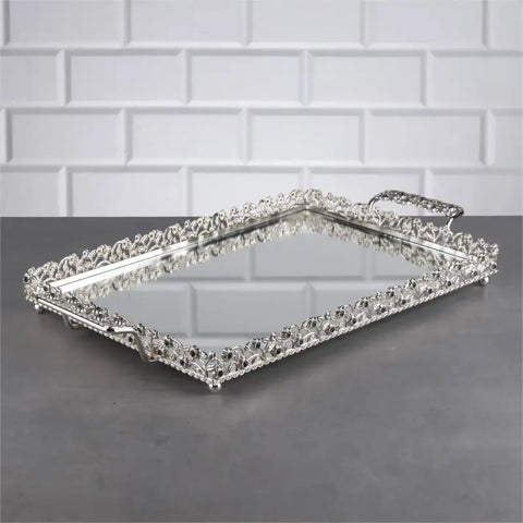 Silver Rectangular Jeweled Mirror Tray