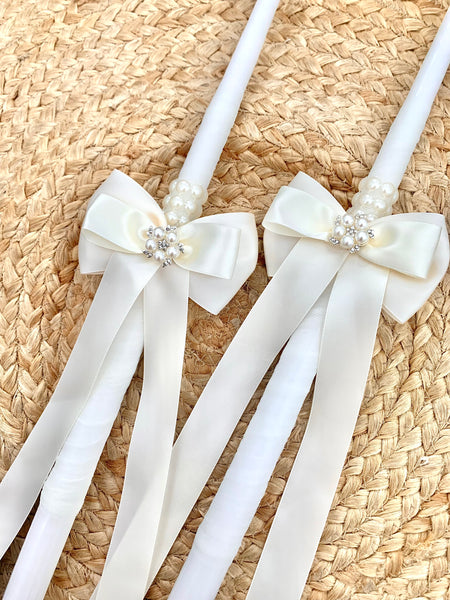 Ivory Diamond and Pearl Bow 2 small candles