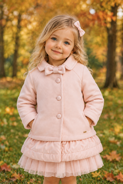 Rosa Winter Coat with blonde model, autumn trees and green grass