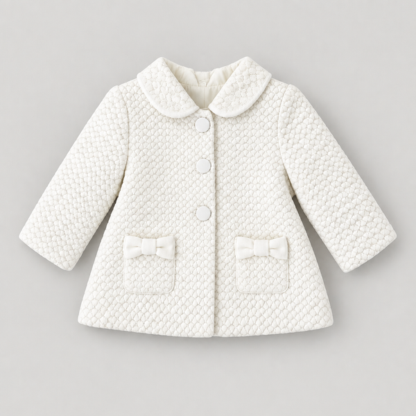 Off White children's coat with rounded collar, covered buttons and bow-trimmed pockets on a light grey background