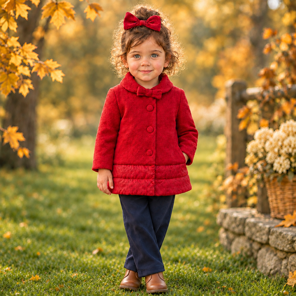 Cherry Red Winter Coat styled outdoors with autumn trees and green grass