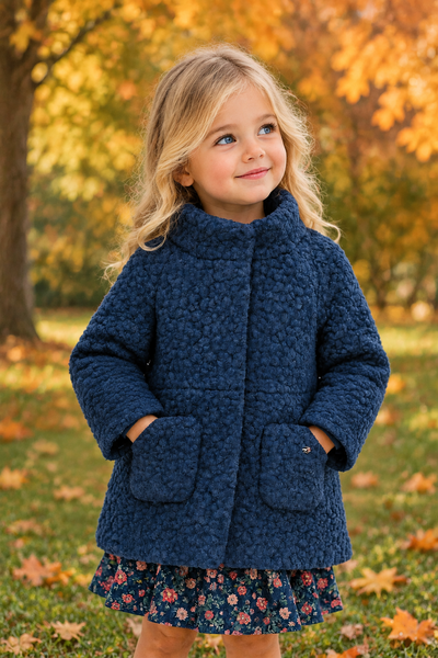 Navy Coat with blonde model, autumn trees and green grass