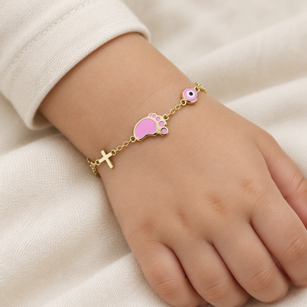 Toddler wearing Gold Baby Pink Foot Bracelet
