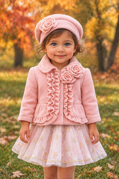 Blush Pink Ruffled Jacket Set with autumn trees and green grass
