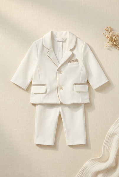 Mayoral off-white and beige baptismal suit styled on a cream linen backdrop