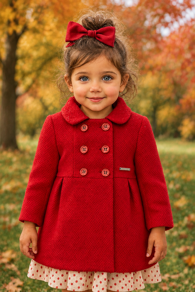 Red button up Hoodie Coat with autumn trees and green grass