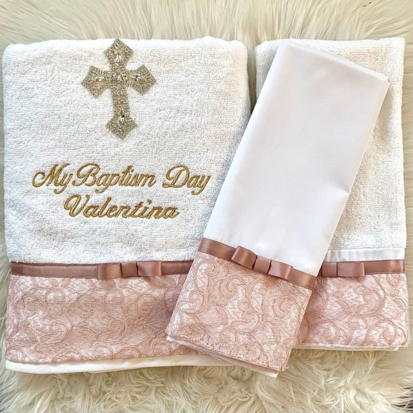 Rose Gold Lace Embroidered and Crystal Cross Ladopano Set