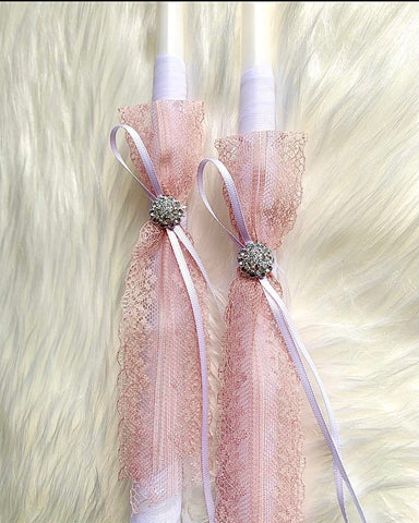 Rose Gold and White Lace 2 small candles