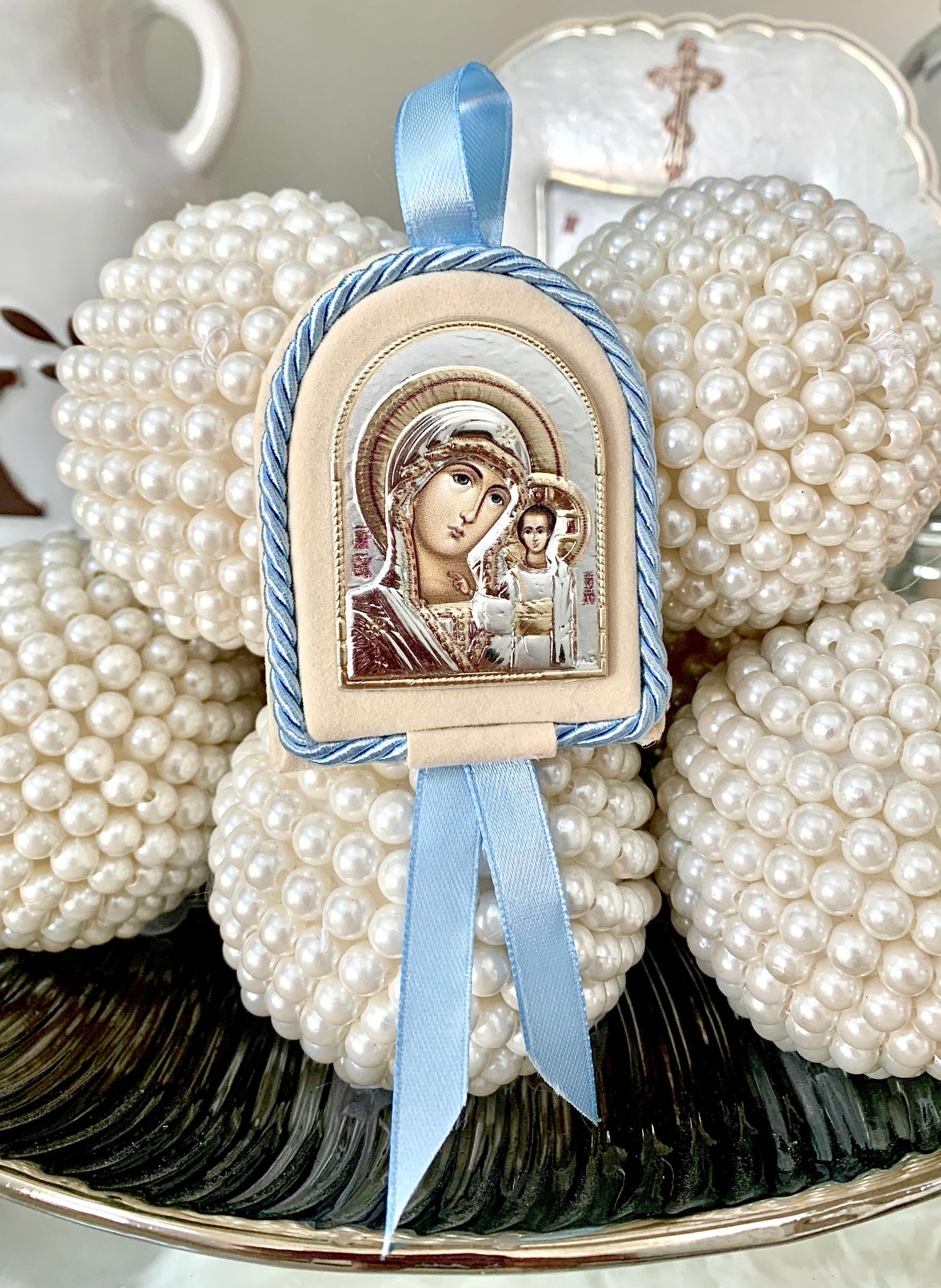 Blue and Ivory Virgin Mary Icon 7.5 x 6cm