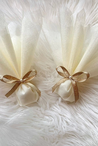 Ivory and Gold Organza Pearl Bonbonniere.