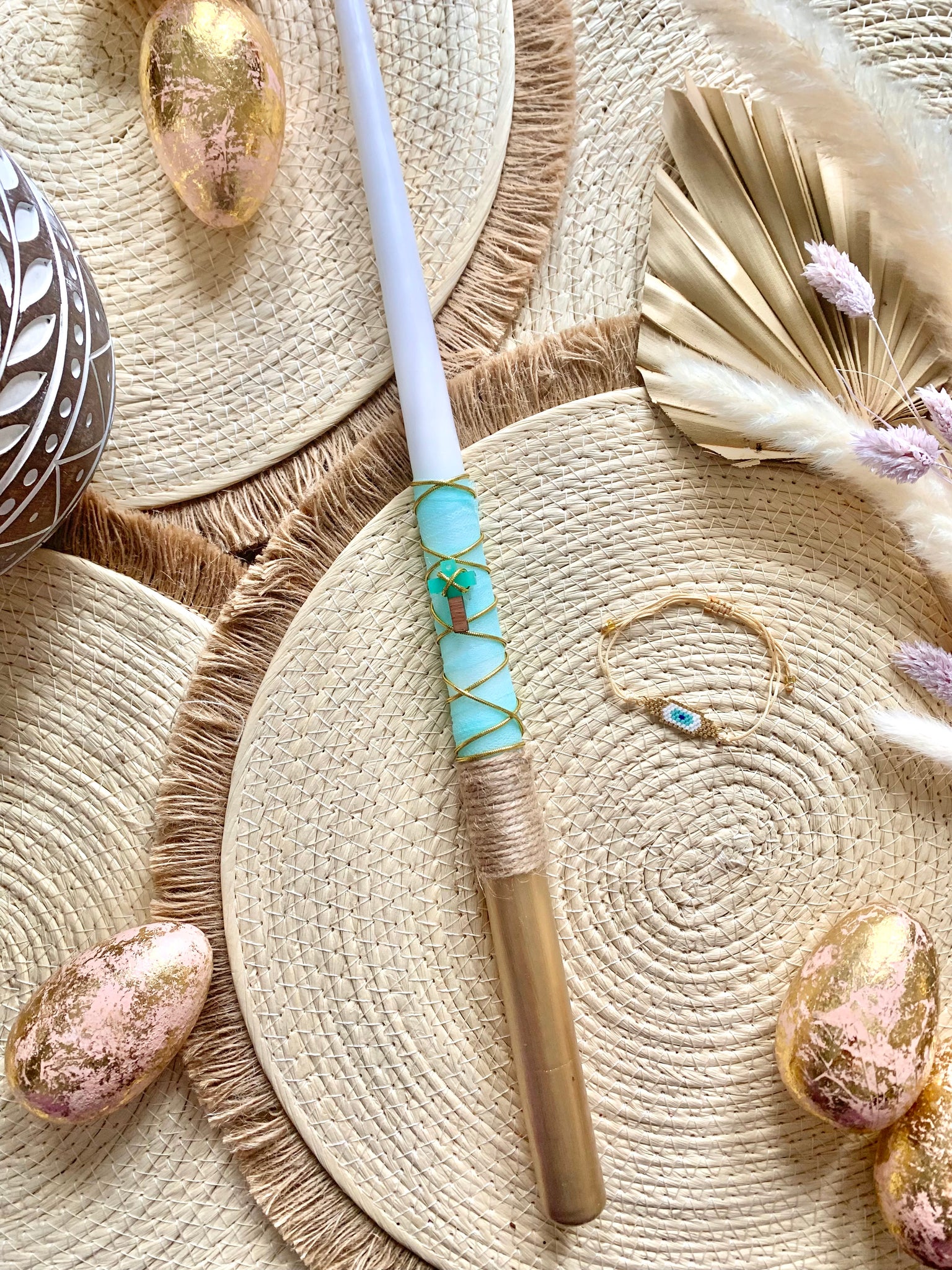 Boho Turquoise Cross and Mati Easter Candle