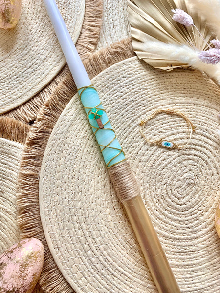 Boho Turquoise Cross and Mati Easter Candle