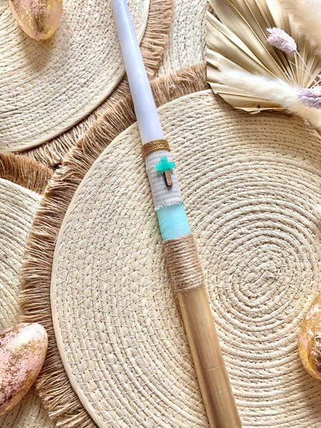 Turquoise and Gold Cross Easter Candle