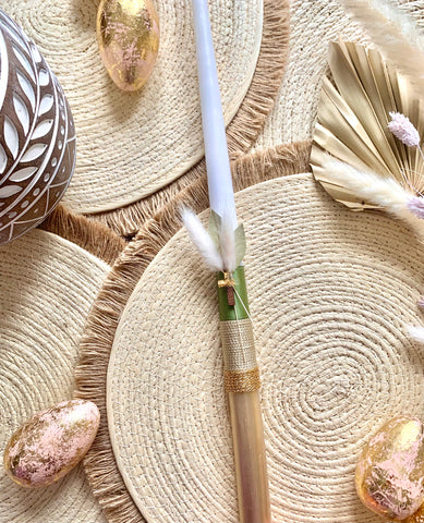 Boho Gold Cross and Olive Green Easter Candle