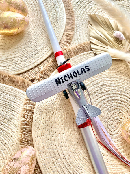 Silver and Red Personalized Airplane Easter Candle