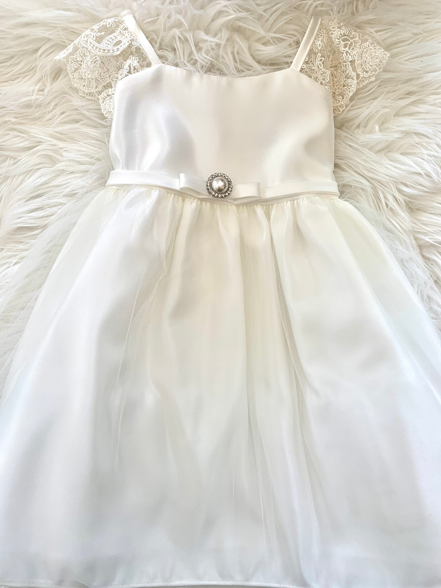 Lace Cap Sleeve Pearl Baptismal Dress