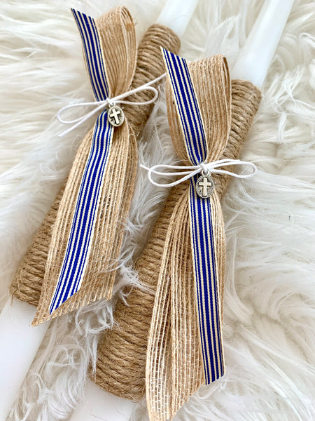 Burlap and Navy Striped 2 small candles