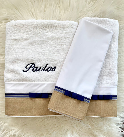 Beige and Navy Striped Embroidered Ladopano Set