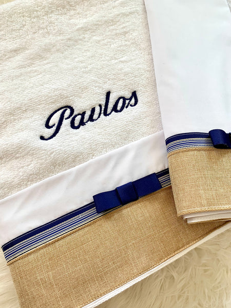 Beige and Navy Striped Embroidered Ladopano Set