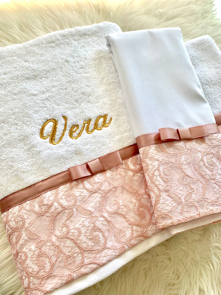 Rose Gold Lace Bow Embroidered Ladopano Set