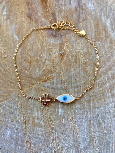 Gold Mati and Cross Bracelet