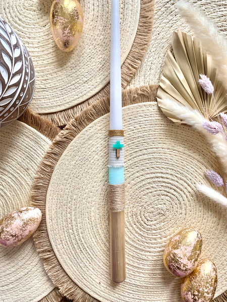 Turquoise and Gold Cross Easter Candle