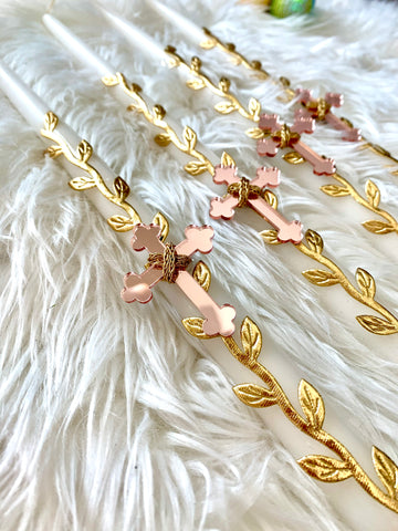 Pink Acrylic Cross Olive Leaf Vine Easter Candle